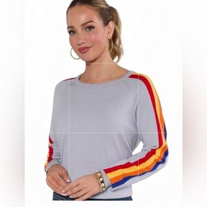 Avara Khloe Gray Striped Sleeve Crewneck Sweater  Large